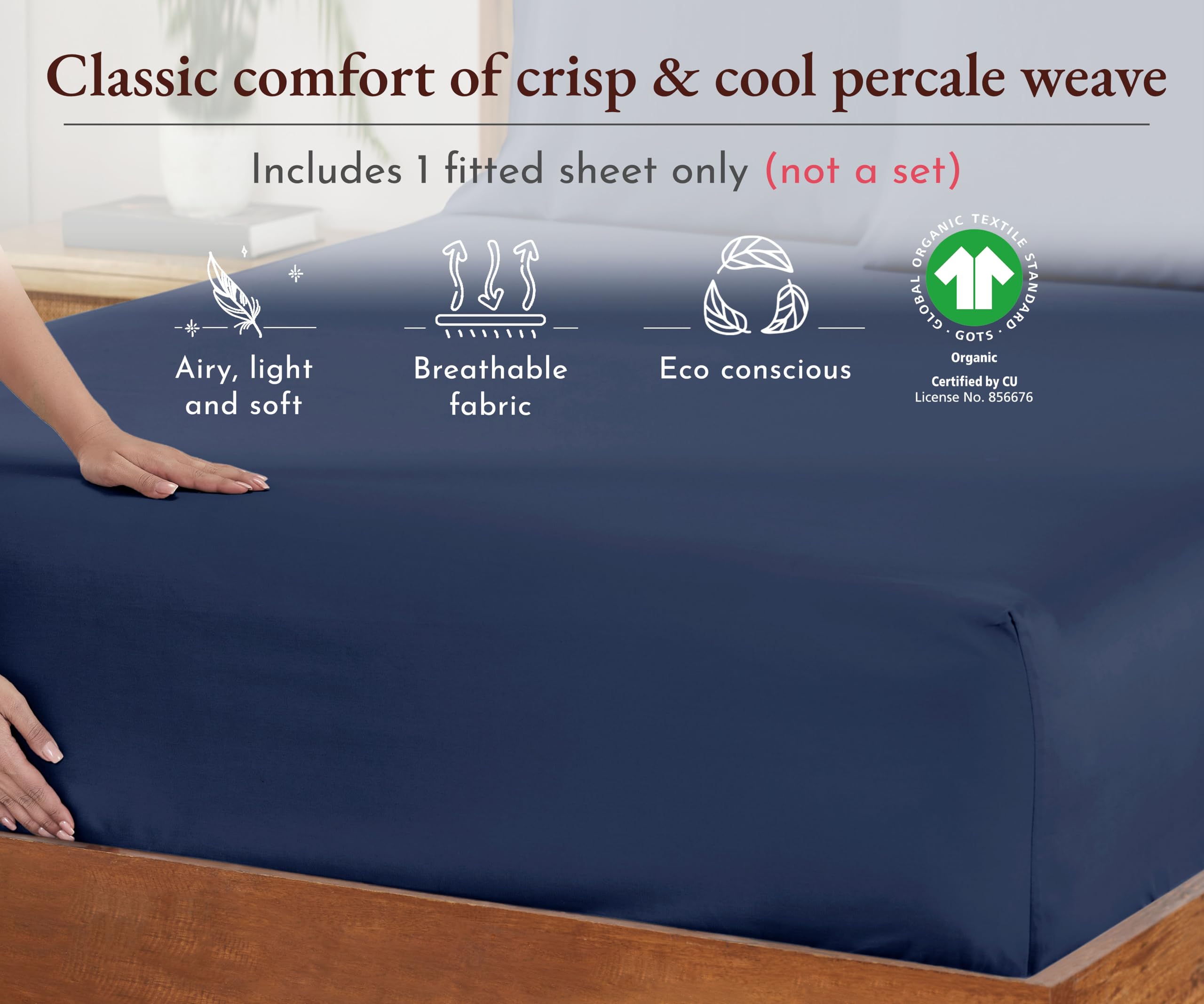 California Design Den Deep Pocket Soft Fitted Sheet Queen Only, 100% Organic Cotton Fitted Sheet Queen, 1 Pc Percale Queen Fitted Sheet, Gots Certified, Cooling, Lightweight, Snug-Fit (Navy Blue)