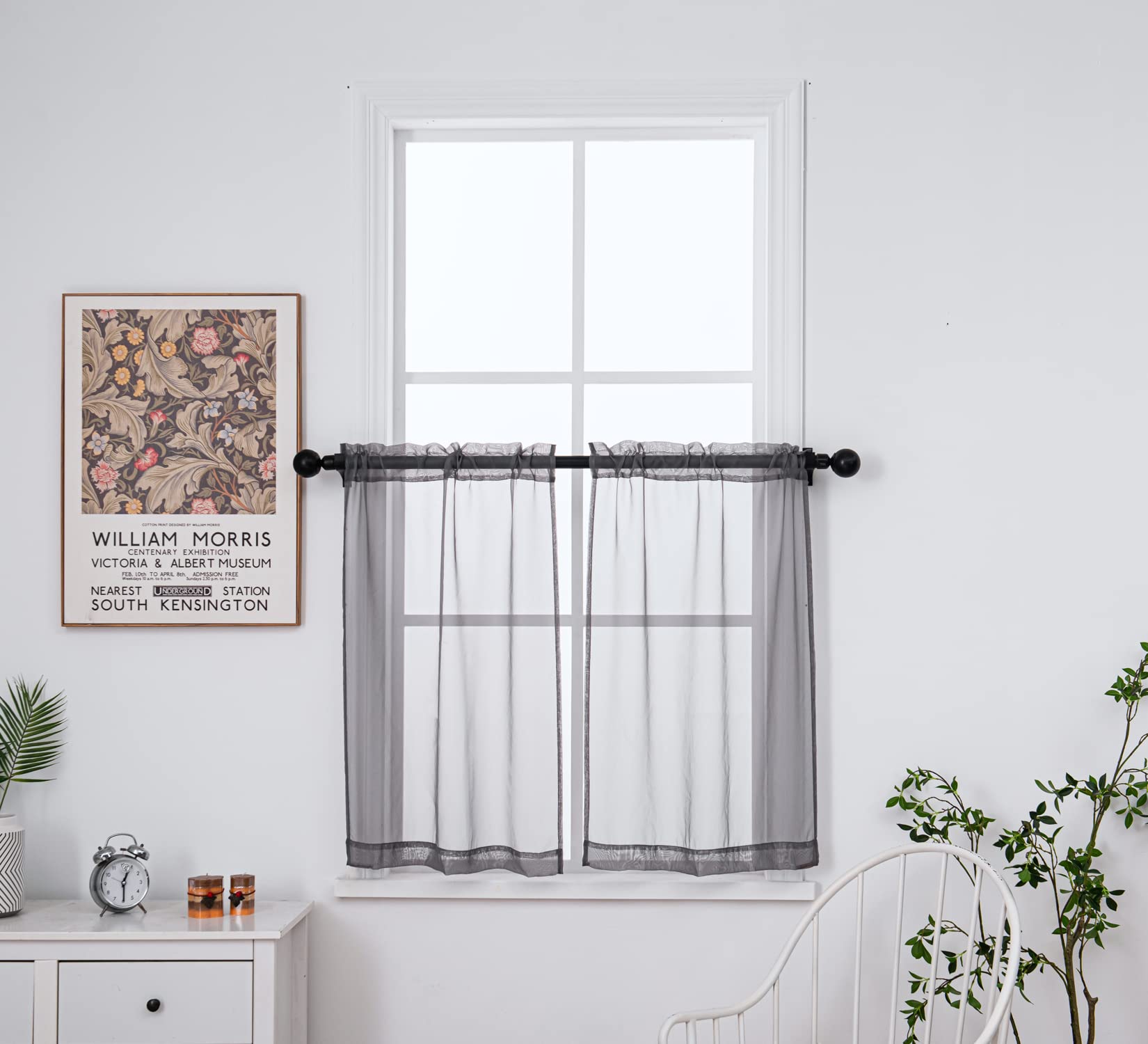 Pi Grey Sheer Tier Curtains 36 Inch Length,Voile Café Curtains Kitchen Tiers Basement Rod Pocket 2 Panels (Dark Grey, W25Xl36)