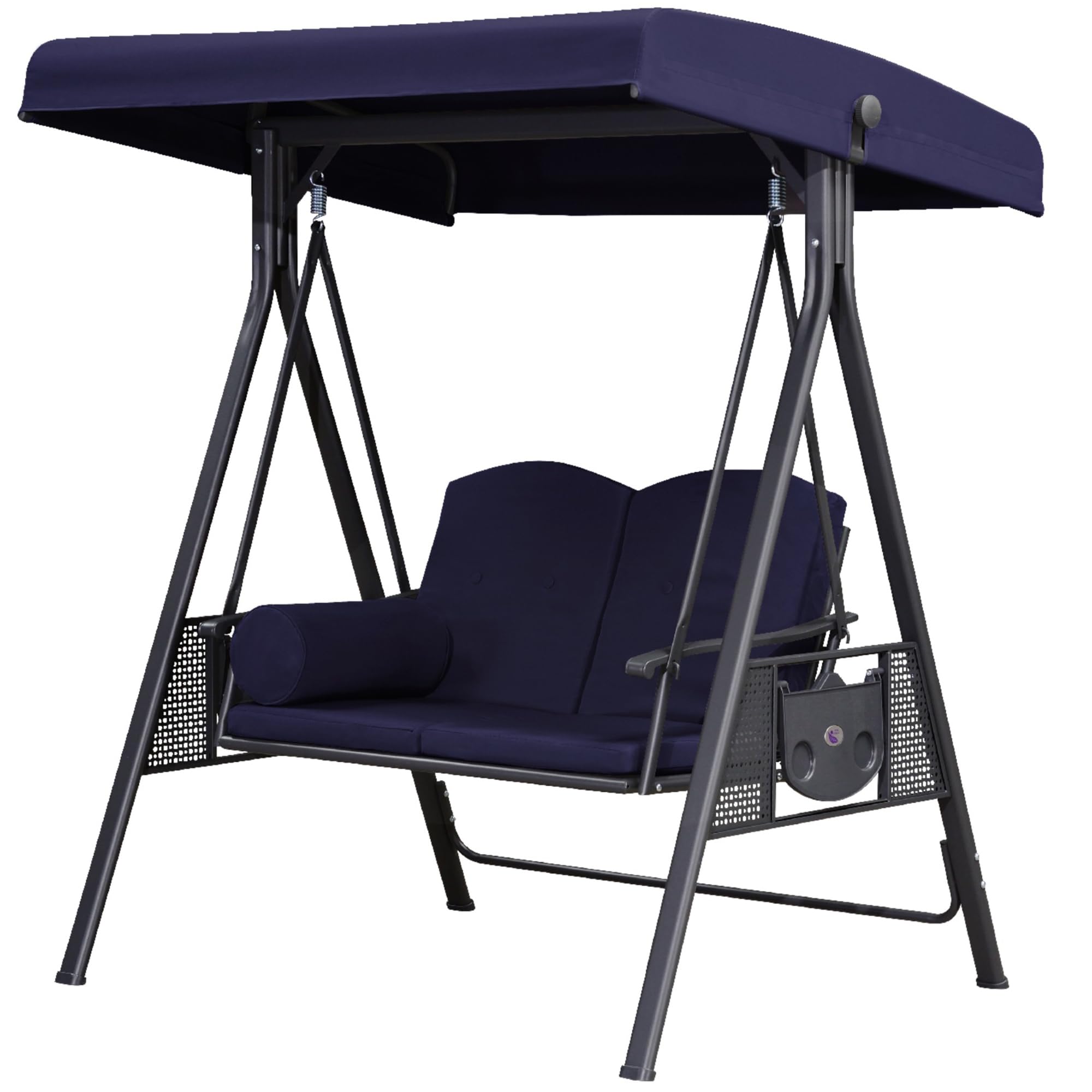 Purple Leaf Outdoor Patio Porch Swing With Stand, 2-Seat Swing Chair With Adjustable Tilt Canopy All-Weather Steel Frame For Backyard Front Porch Lawn, Cushions And Pillow Included, Navy Blue