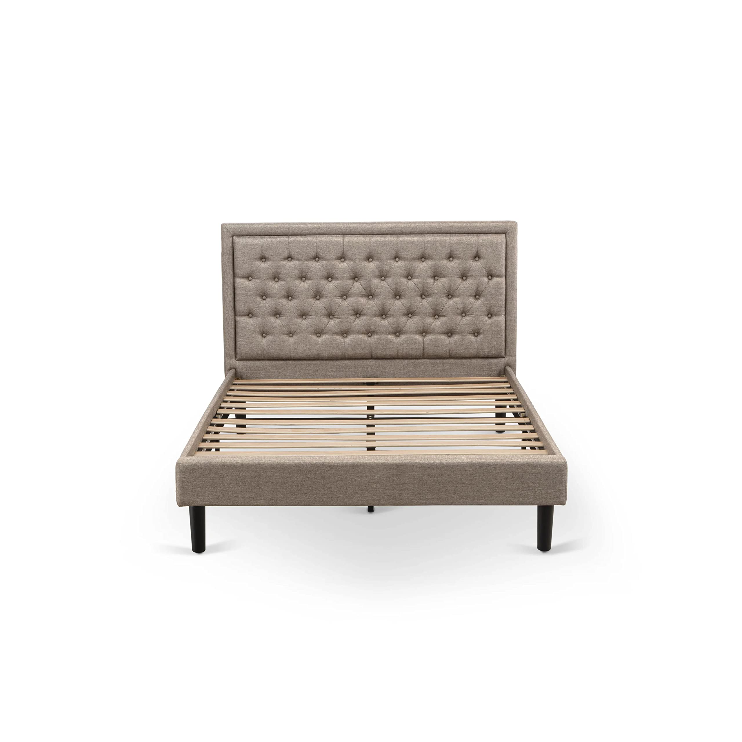 East West Furniture KDF-16-Q Platform Queen Size Bed - Dark Khaki Linen Fabric Upholstered Bed Headboard with Button Tufted Trim Design - Black Legs