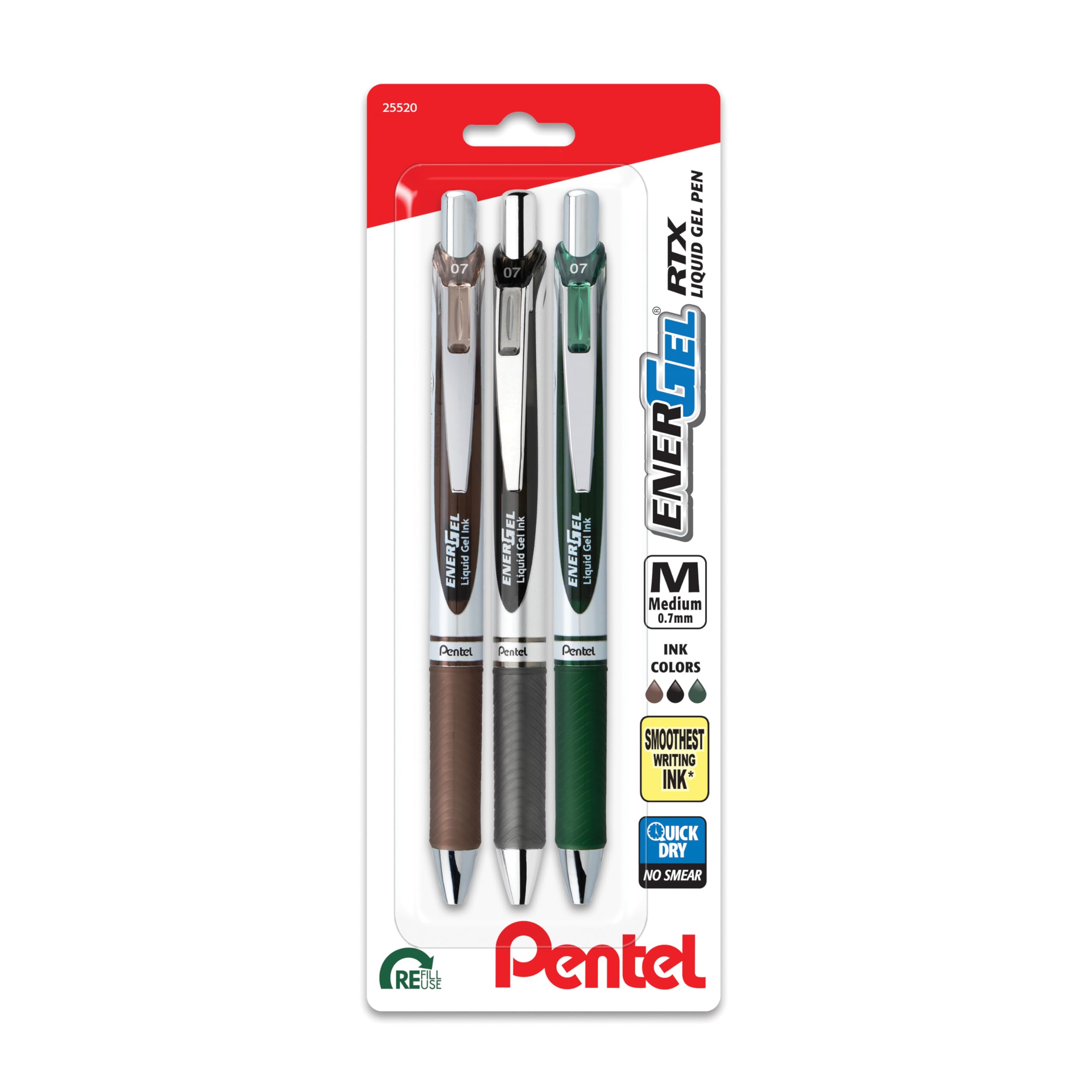 Pentel Energel Rtx Retractable Liquid Gel Pen, 0.7Mm, Camo Hue, Sepia, Black, And Forest Green Ink, Pack Of 3 Pens (Bl77Cambp3M)