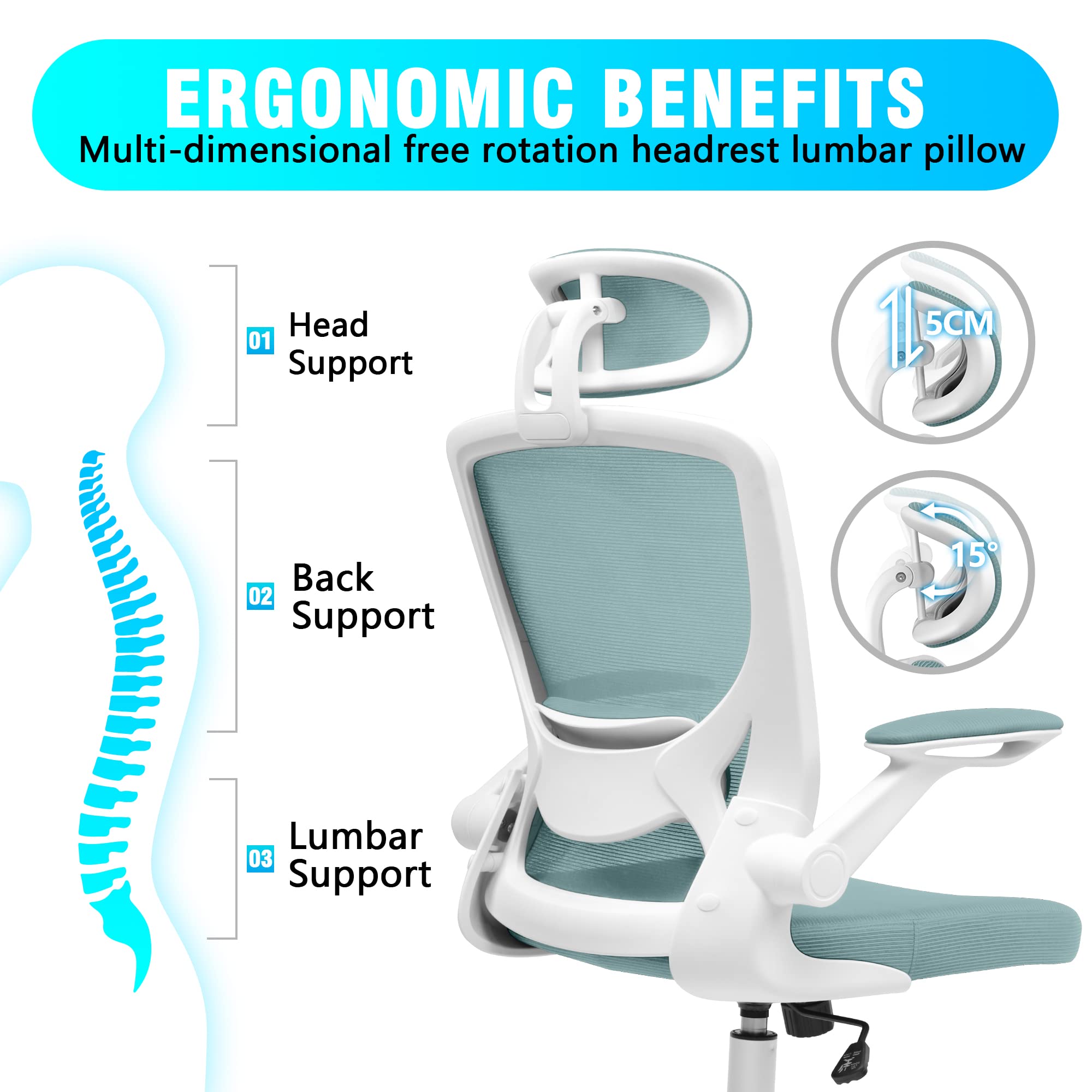 Kerdom Ergonomic Office Chair, Breathable Mesh Desk Chair, Lumbar Support Computer Chair With Headrest And Flip-Up Arms, Swivel Task Chair, Adjustable Height Gaming Chair