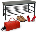 Entryway Shoe Storage Bench with Cushioned Seat, 3-Tier Shelf, Black Steel