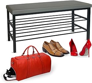 Entryway Shoe Storage Bench with Cushioned Seat, 3-Tier Shelf, Black Steel