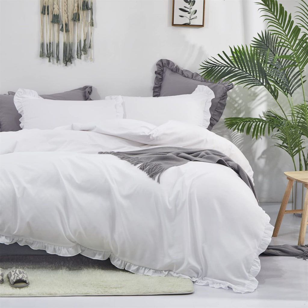 Luxlovery White Ruffle Comforter Set Twin Farmhouse Bedding Comforter Set Boho Shabby Chic Plain White Blanket Quilts Vintage Ru
