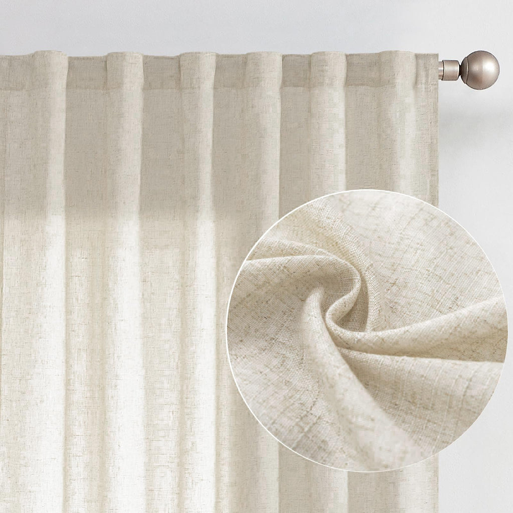 Jinchan Linen Blend Beige Curtain For Living Room 84 Inch Length Extra Wide For Room Divider Curtain Rustic Farmhouse Rod Pocket Back Tab Light Filtering Bedroom Window Drape 1 Panel Ecru