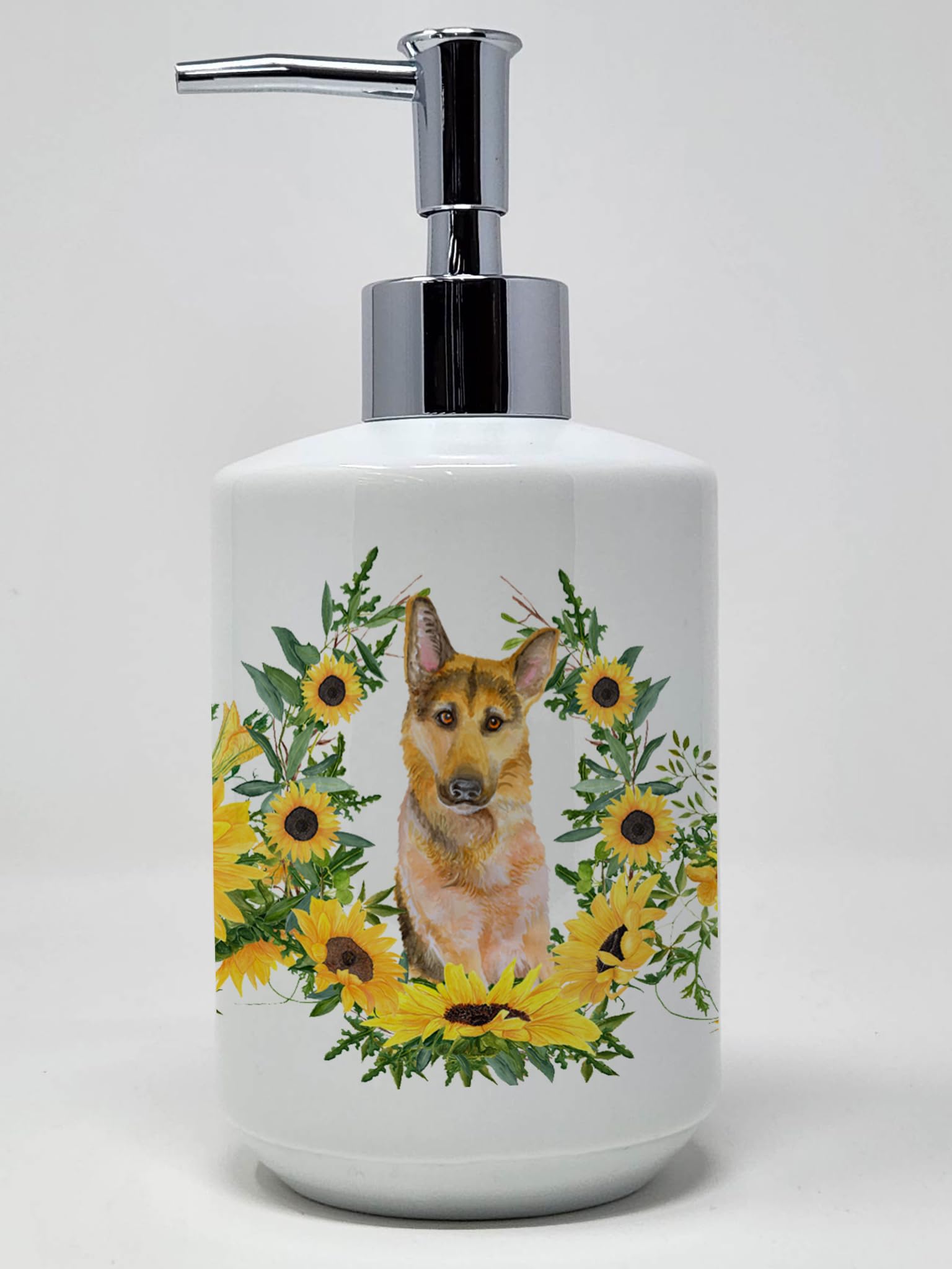 Caroline's Treasures CK2903SOAP German Shepherd #2 in Sunflowers Ceramic Soap Dispenser Hand Soap Dispenser Pump Bottles for Bat