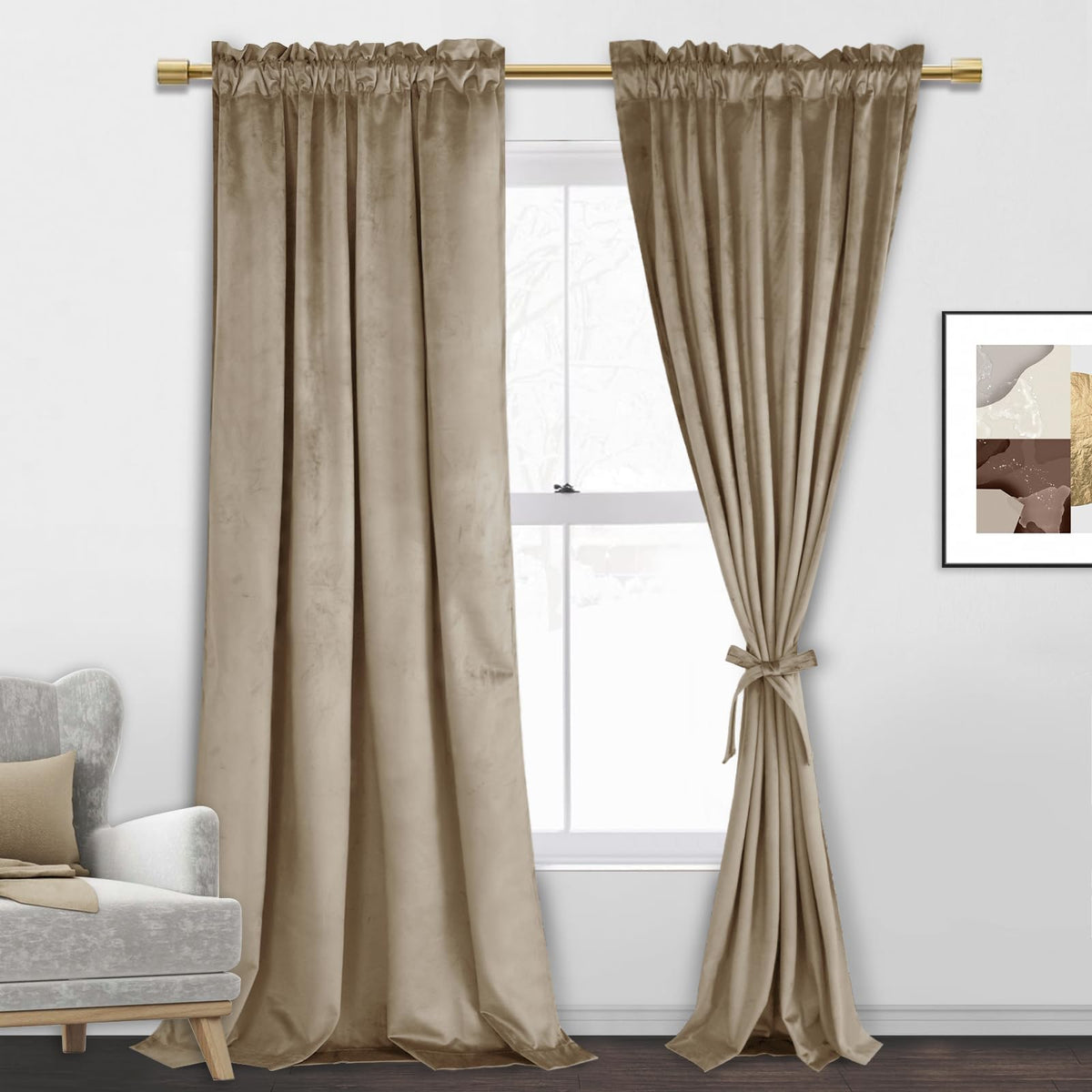 Jiuzhen Velvet Curtains 96 Inches - Taupe Room Darkening Privacy Rod Pocket Window Curtains For Bedroom Living Bedroom Patio Doo