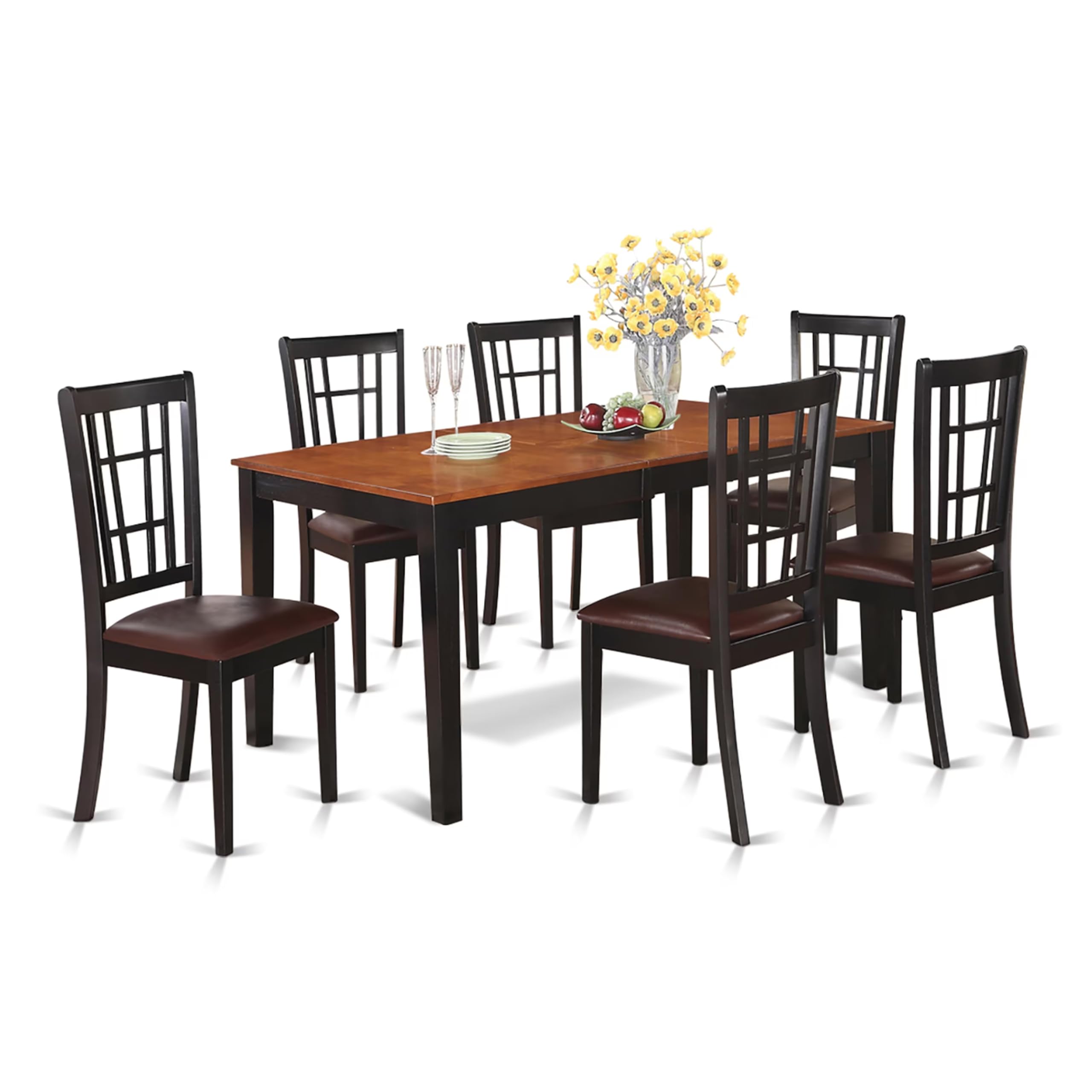 East West Furniture NICO7-BLK-LC 7 Piece Modern Dining Table Set Consist of a Rectangle Wooden Table with Butterfly Leaf and 6 Faux Leather Upholstered Chairs, 36x66 Inch, Black & Cherry