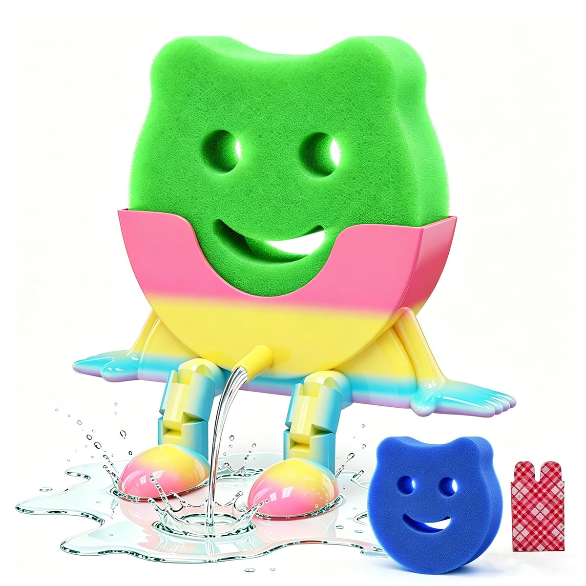 SALLO Smiling Face Drainage Sink Sponge Holder w/ 2 Sponges, Rainbow