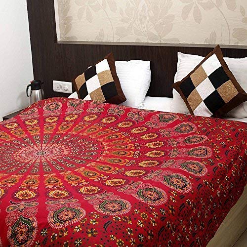 Indian Hippie Bohemian Psychedelic Golden Blue Peacock Mandala Wall Hanging Bedding Tapestry (Golden Red, King (88X104Inches)(22