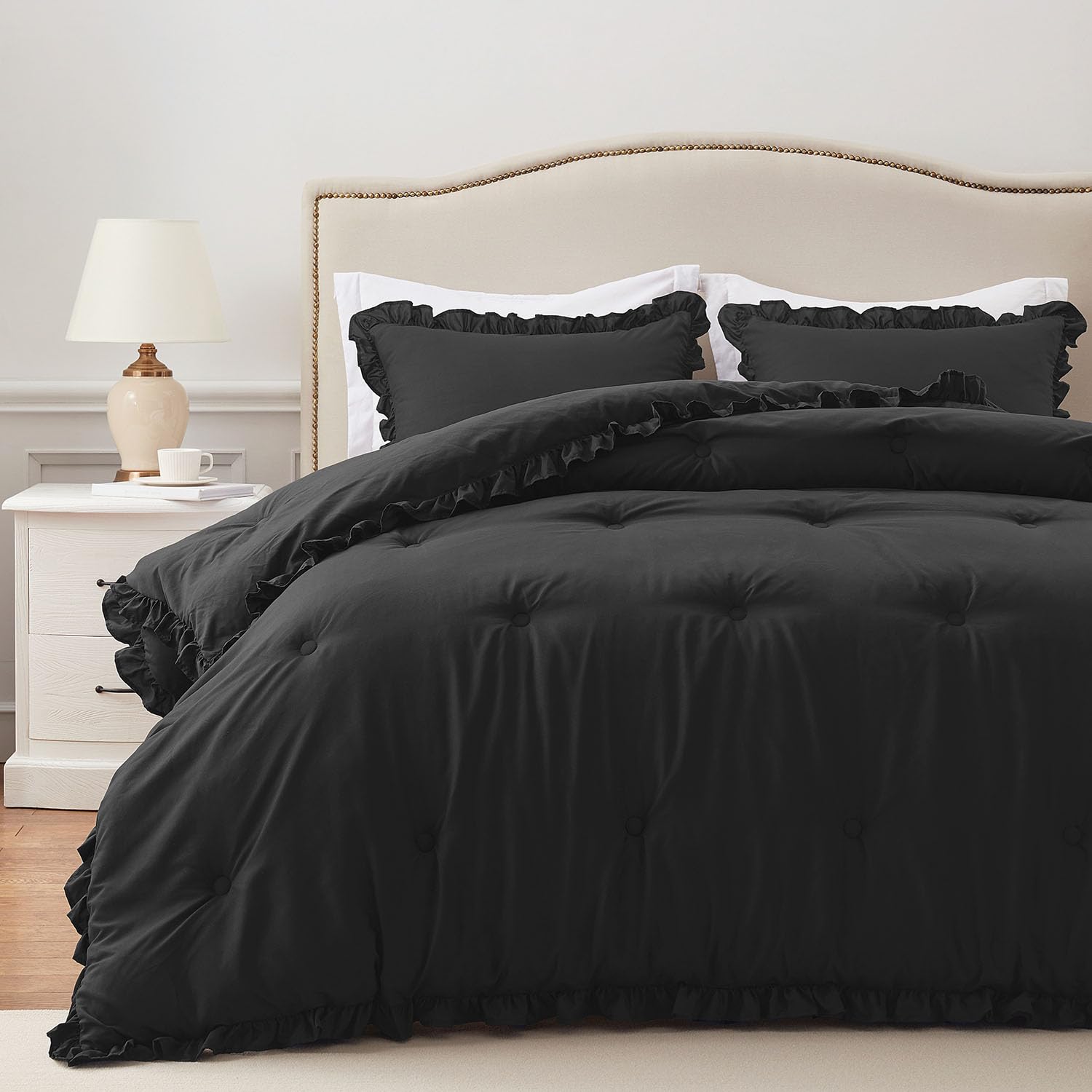 Harborest King Comforter Set Black - Ruffle Comforter For King Size Bed, Fluffy King Size Comforter Set For All Seasons, 3 Piece