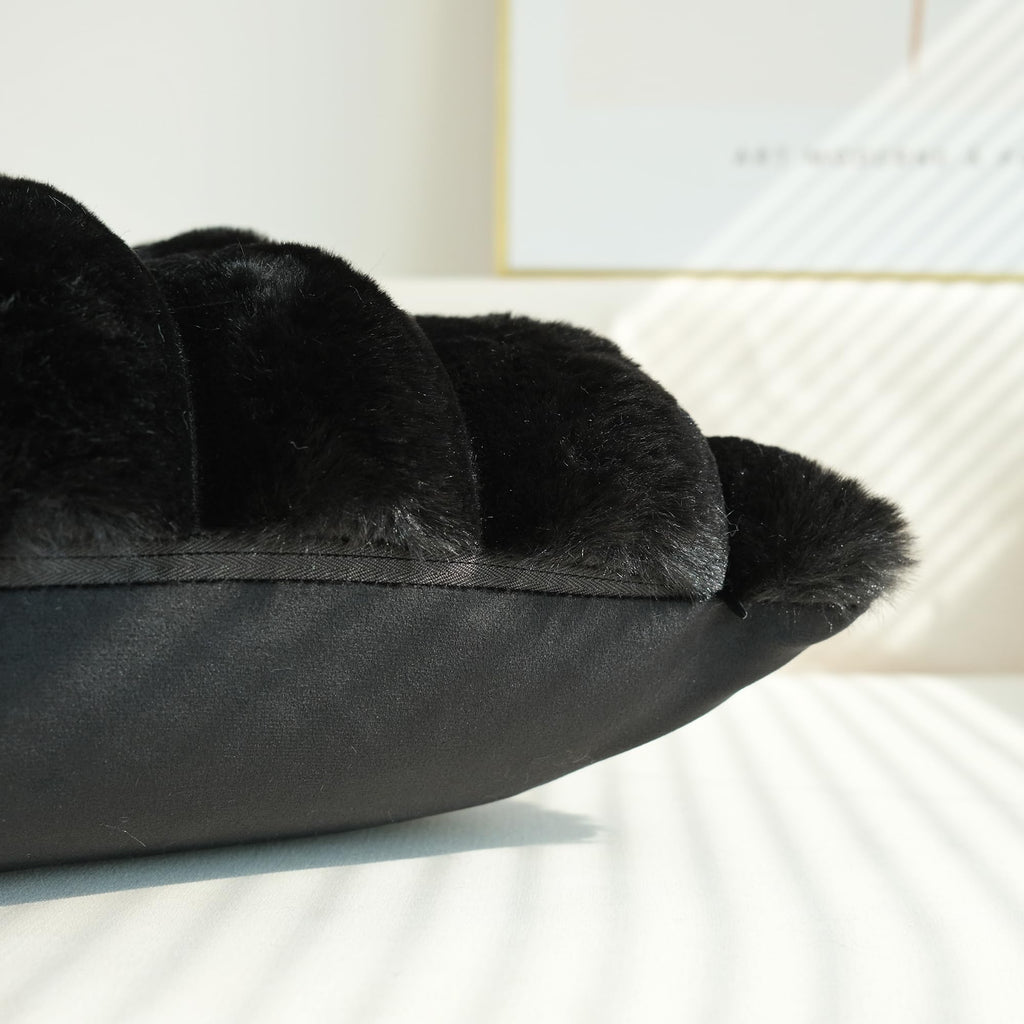 Jojusis Pack Of 2 Faux Fur Plush Decorative Throw Pillow Covers Couch Cushion Case Soft Fluffy Pillowcases Wide Stripe (Black, 2