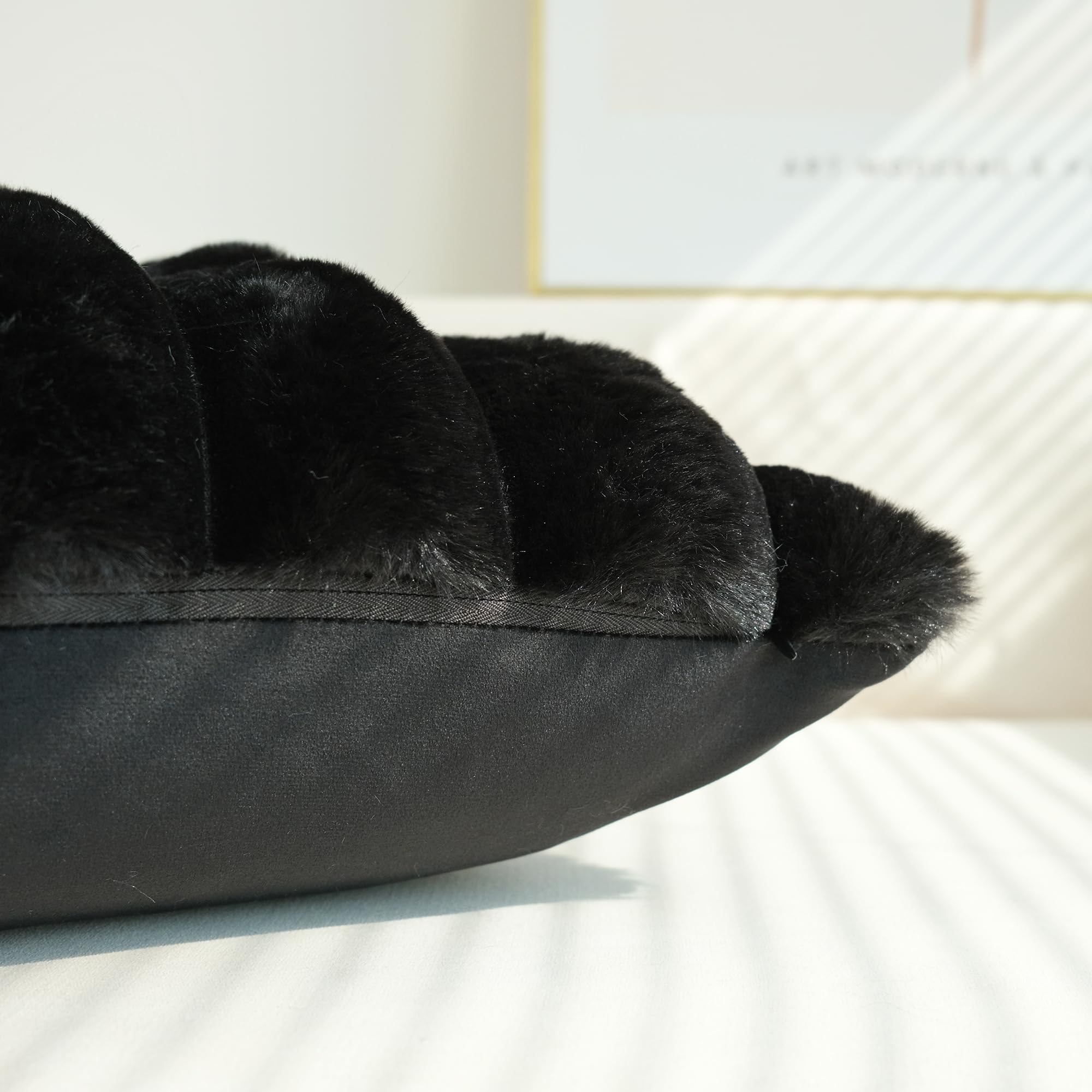Jojusis Pack Of 2 Faux Fur Plush Decorative Throw Pillow Covers Couch Cushion Case Soft Fluffy Pillowcases Wide Stripe (Black, 2