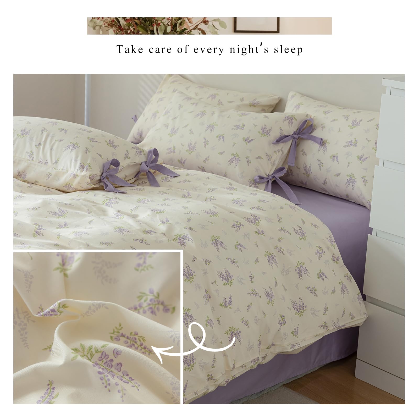 Purple Floral Duvet Cover Queen 3 Piece Cotton Flower Botanical Duvet Cover Vintage Style Lilac Floral Comforter Cover Girls Cot