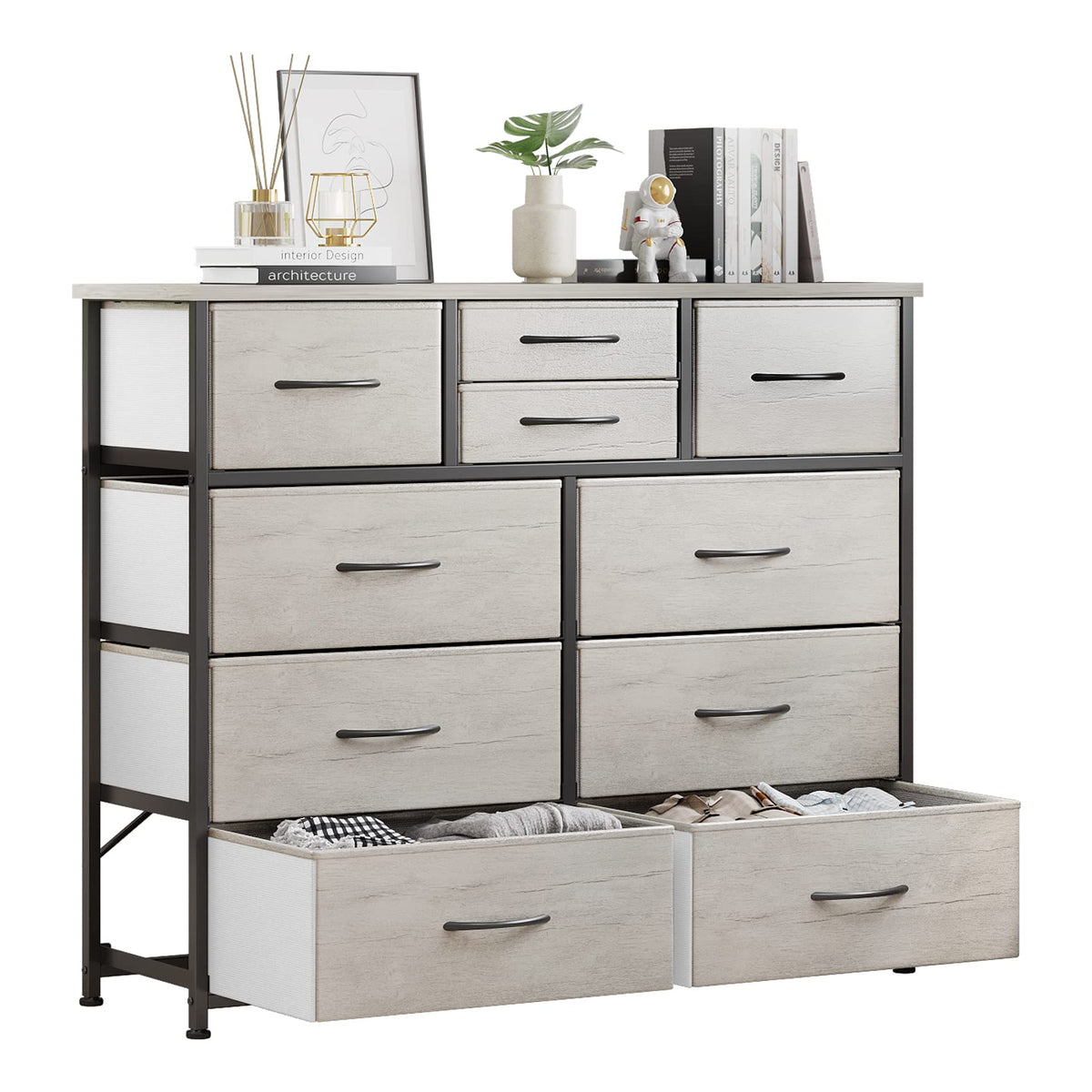 Lumtok 10-Drawer Dresser, Fabric Storage Dressers For Bedroom, Hallway, Nursery, Closets, Steel Frame, Wood Top, Easy Pull Handle (Grey)
