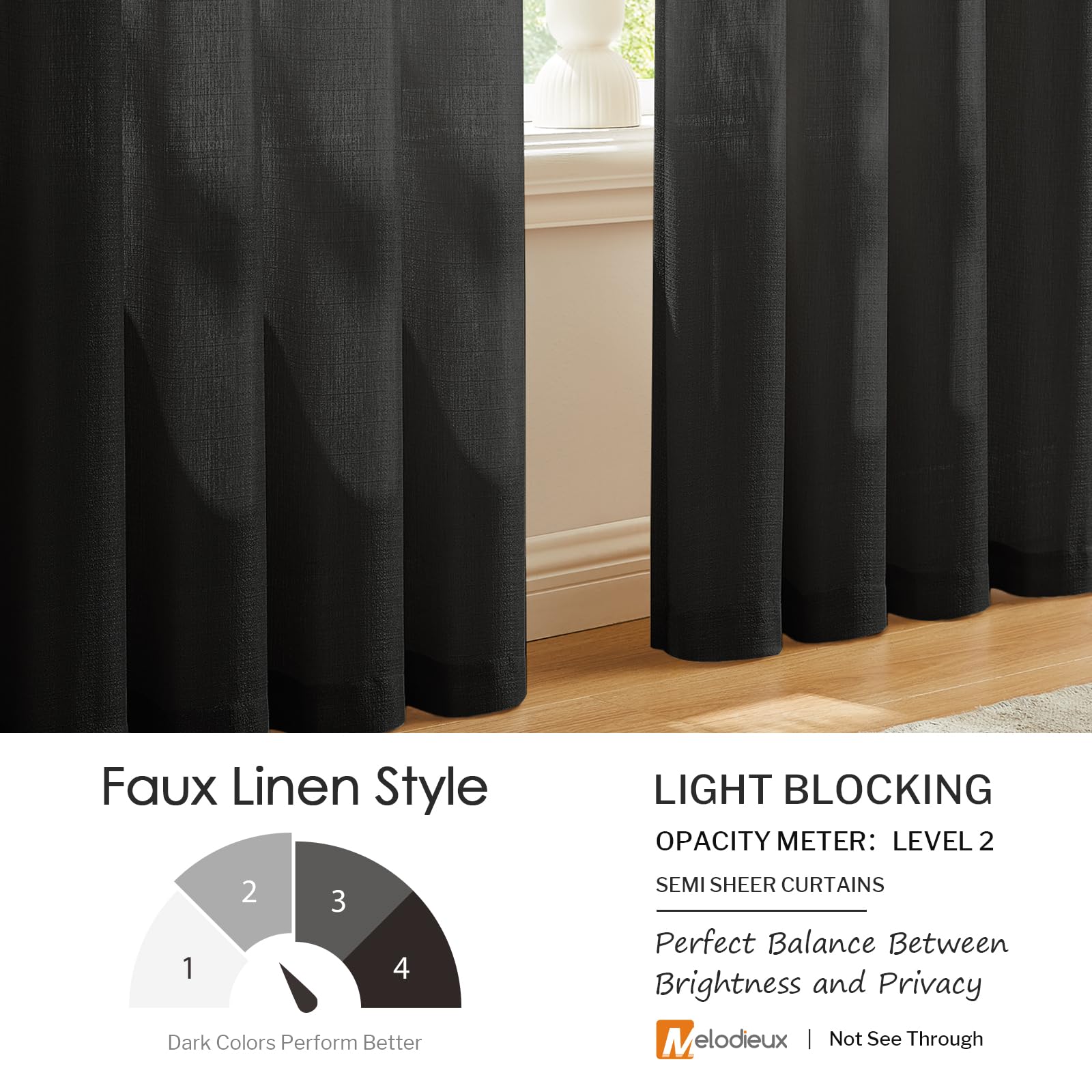 Melodieux Black Semi Sheer Curtains 45 Inch Length For Bedroom Kitchen Small Windows, Linen Look Rod Pocket Privacy Sheer Drapes