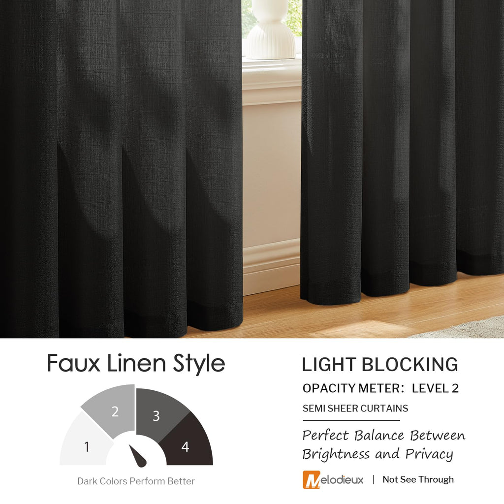 Melodieux Black Semi Sheer Curtains 54 Inch Length For Bedroom Living Room, Faux Linen Window Privacy Sheer Drapes Rod Pocket, 5