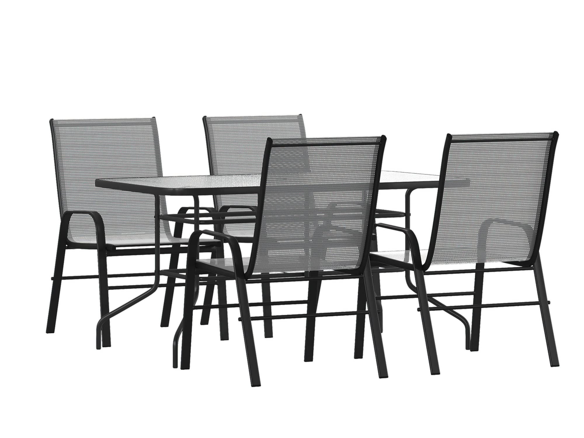 Flash Furniture Brazos 5 Piece Outdoor Patio Dining Set - 4 Gray Flex Comfort Stack Chairs - 55&Quot; Tempered Glass Patio Table With Umbrella Hole
