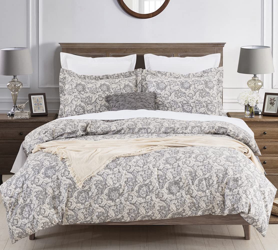 Dauaoto Duvet Cover Queen Size Set - 90'X90' Duvet Cover + 2 Shams, Cotton Bedding Set Gray Paisley Floral Pattern