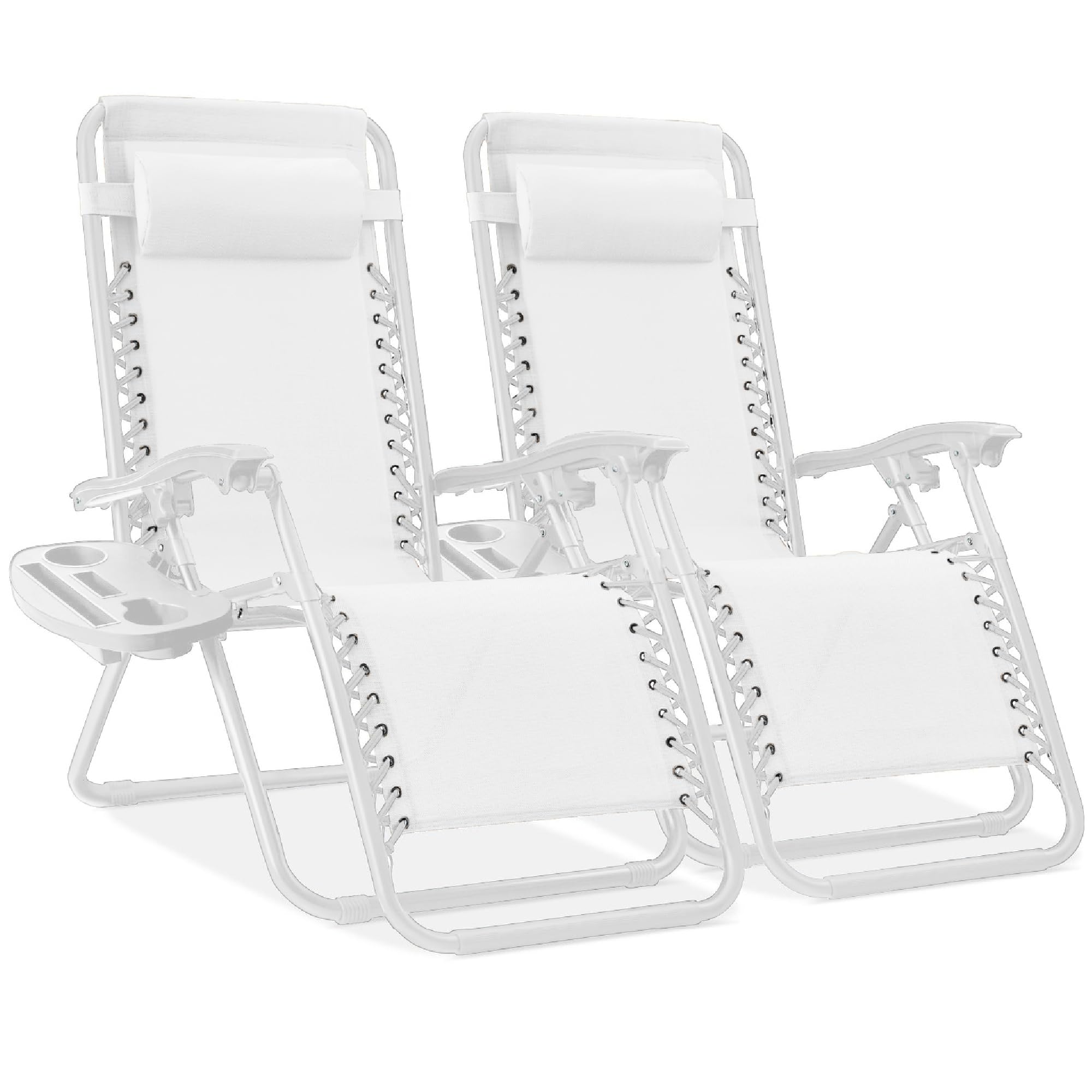 Best Choice Products Set of 2 Adjustable Steel Mesh Zero Gravity Lounge Chair Recliners w/Pillows and Cup Holder Trays - Snow