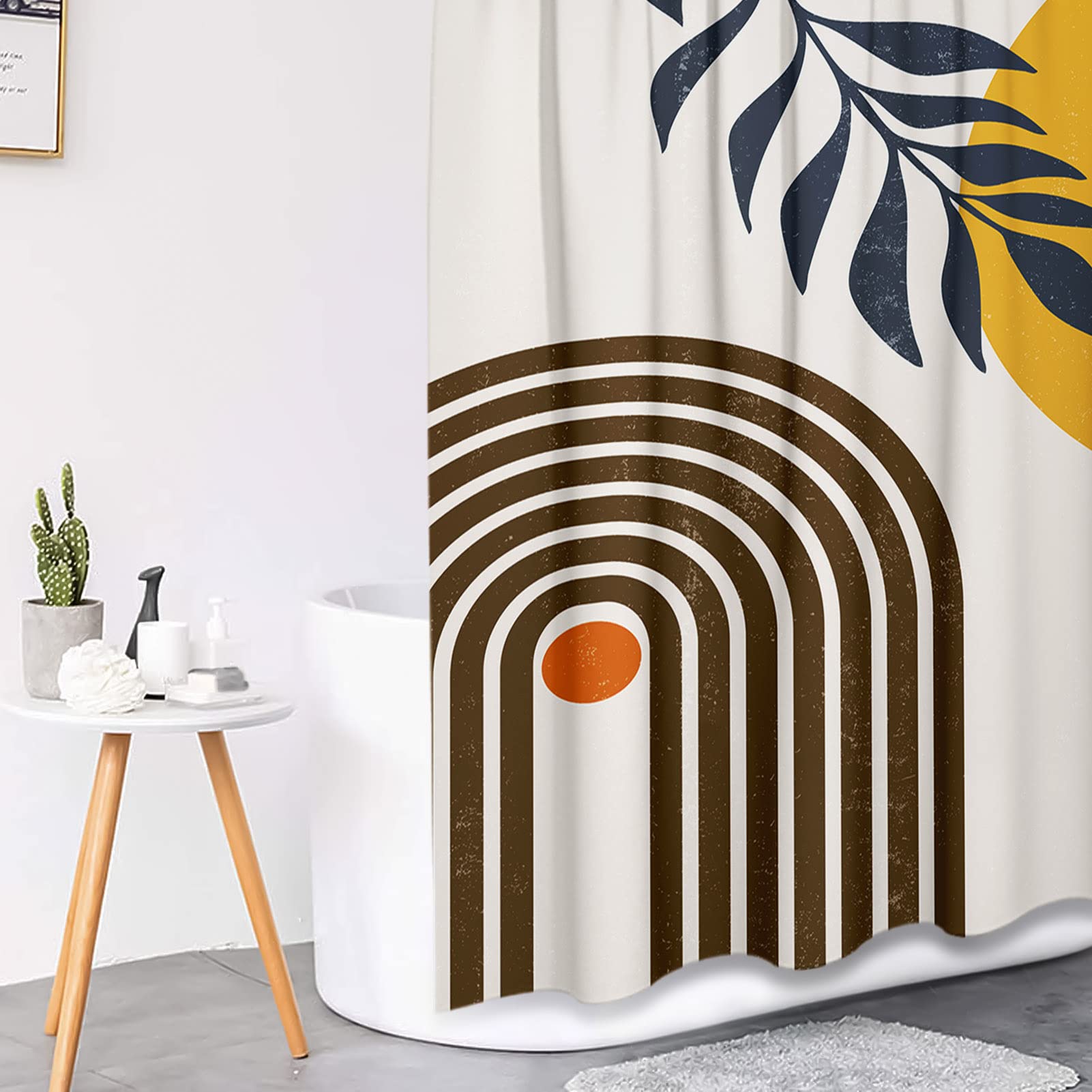 Tayney Boho Mid Century Shower Curtain Set With Toilet Lid Cover And Non-Slip Rugs, Modern Abstract 4 Pcs Yellow Sun Minimalist