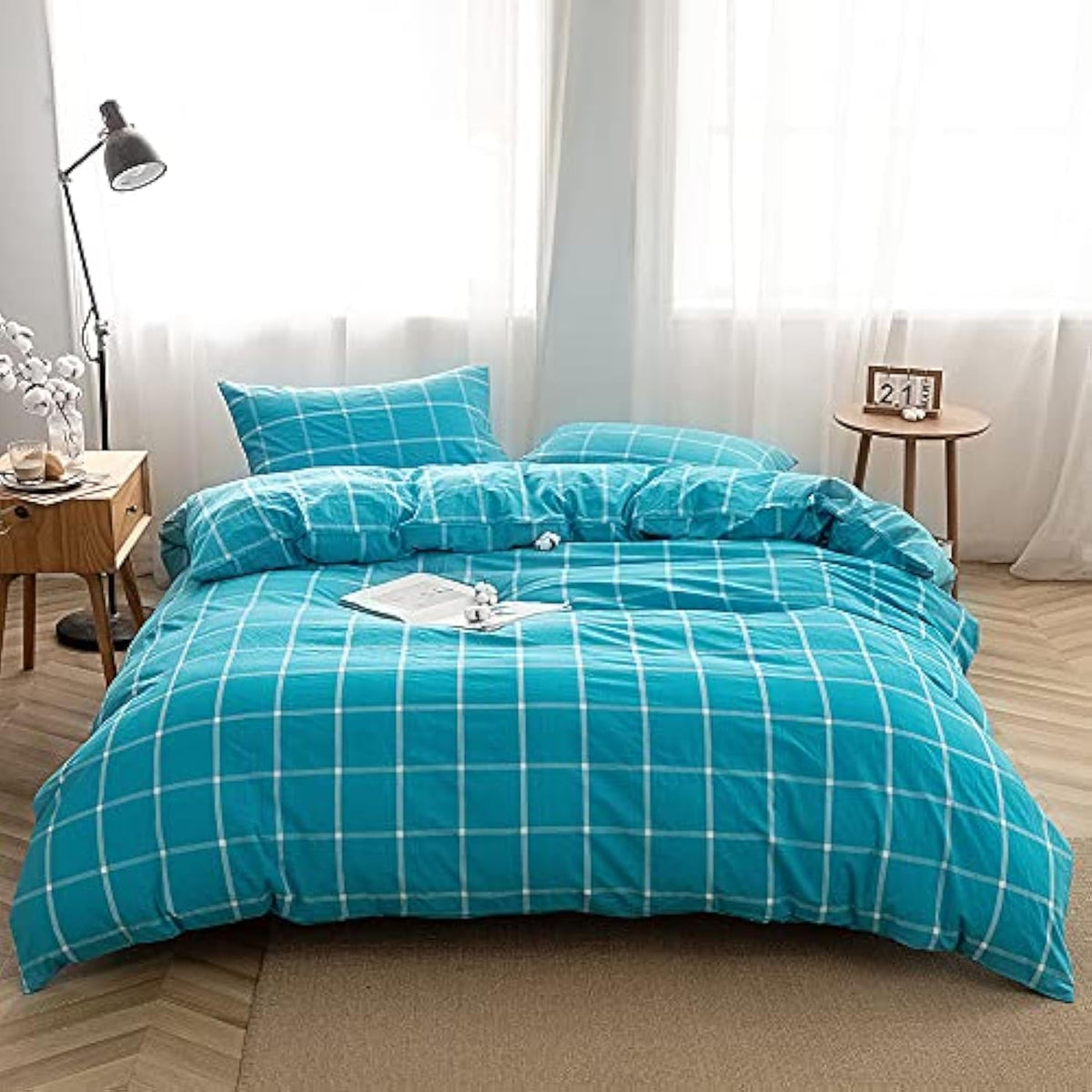Face Two Face Bedding Duvet Cover Set100% Washed Cotton Duvet Cover Linen Like Textured Breathable Durable Soft Comfy (Full, Turquoise Grid)