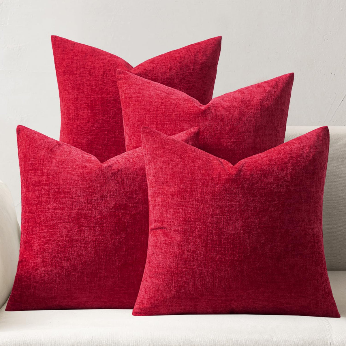 Miulee Couch Throw Pillow Covers 16X16 Inch Set Of 4 Red Soft Chenille Pillowcases Farmhouse Boho Cushion Shams For Modern Home