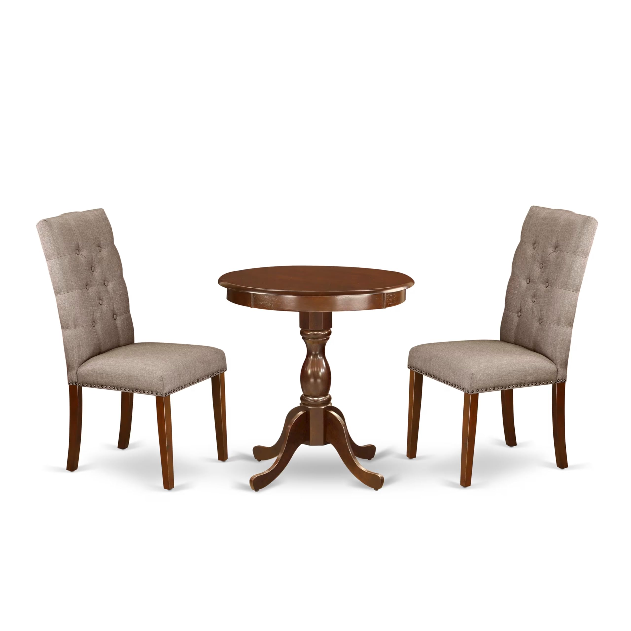 East West Furniture Esel3-Mah-16 3 Piece Dinette Set For Small Spaces Contains A Round Dining Table With Pedestal And 2 Dark Khaki Linen Fabric Parson Dining Chairs, 30X30 Inch, Mahogany