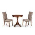 East West Furniture Esel3-Mah-16 3 Piece Dinette Set For Small Spaces Contains A Round Dining Table With Pedestal And 2 Dark Khaki Linen Fabric Parson Dining Chairs, 30X30 Inch, Mahogany