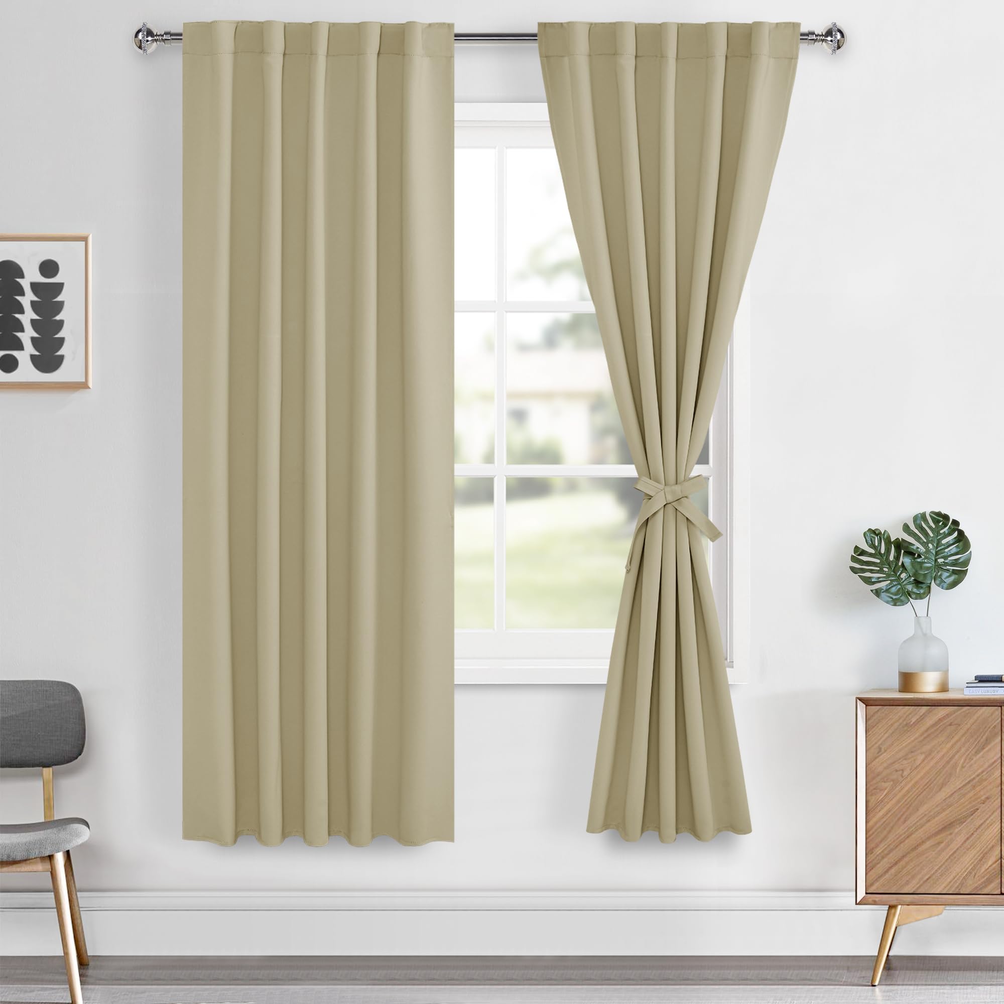 Hiasan Room Darkening Curtains 63 inch Long Sewn with Tiebacks, Rod Pocket & Back Tab Thermal Insulated Drapes, Room Darkening C