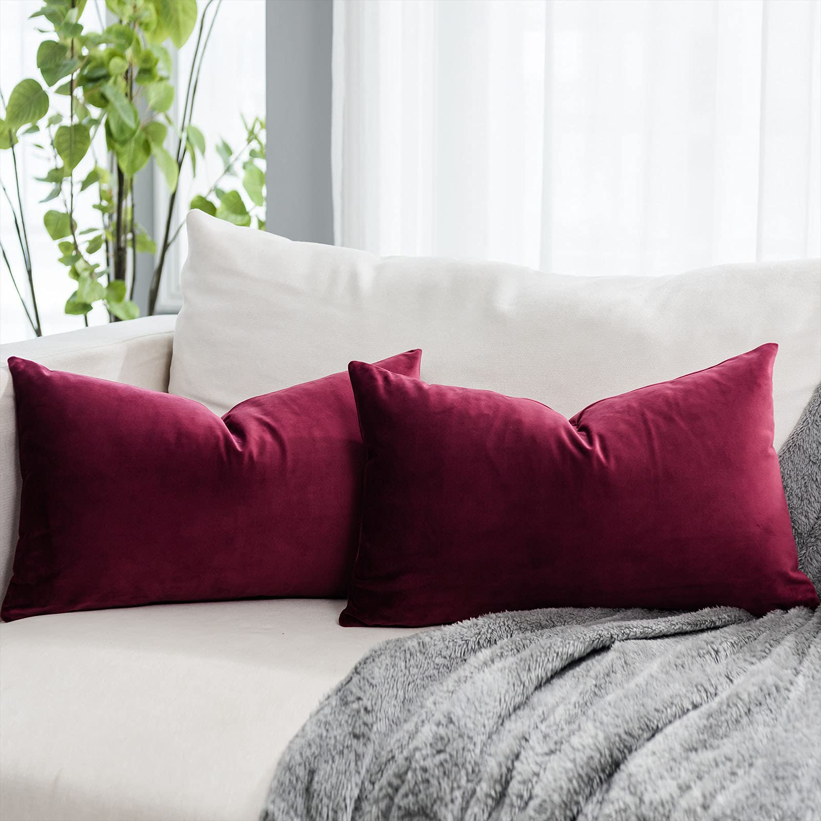 Quafoo Burgundy Christmas Decorative Lumbar Velvet Throw Pillow Covers 12X20 Inch Set Of 2 With Zipper Luxury Soft Solid Rectang