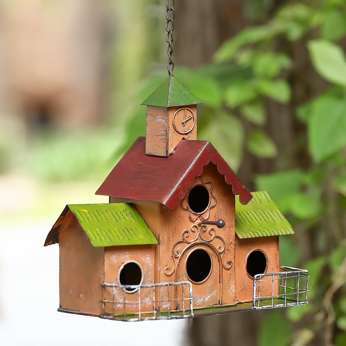 Mocome Large Bird Houses For Outside Hanging, 4 Hole Outdoor Bird House With Clock Tower, Easy Clear, Metal Bird Houses For Outs