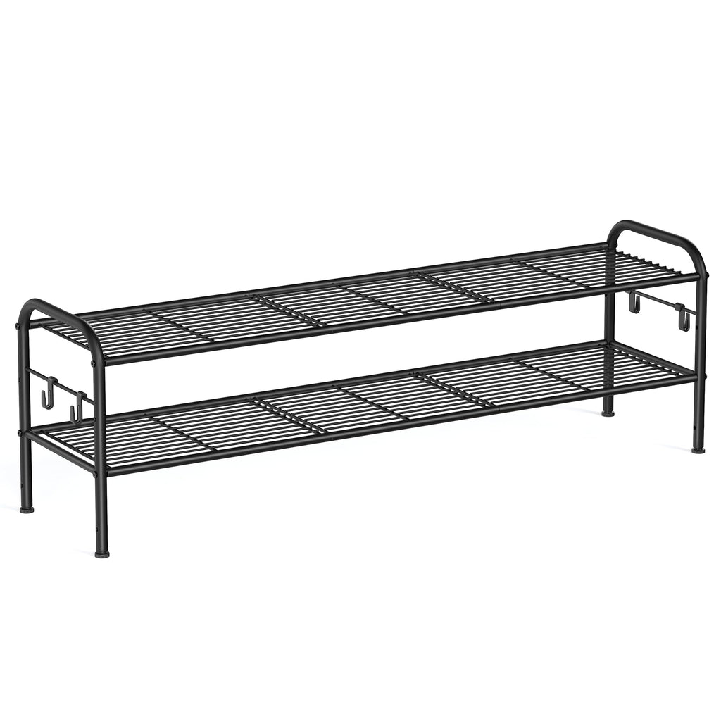 Songmics Shoe Rack, 2-Tier Shoe Organizer, Metal Shoe Shelf Storage With 4 Side Hooks, Holds 12 Pairs Of Shoes, Height-Adjustable Shoe Rack For Entryway, Hallway, Closet, Easy Assembly, Ink Black