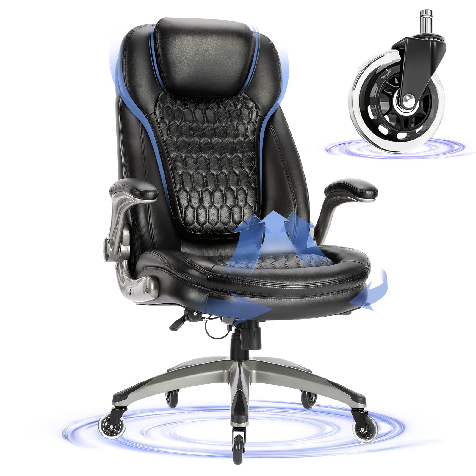 Executive Office Chair-Ergonomic Computer Desk Chair, High Back Leather Chair with Padded Flip-up Arms, Swivel Home Office Chair