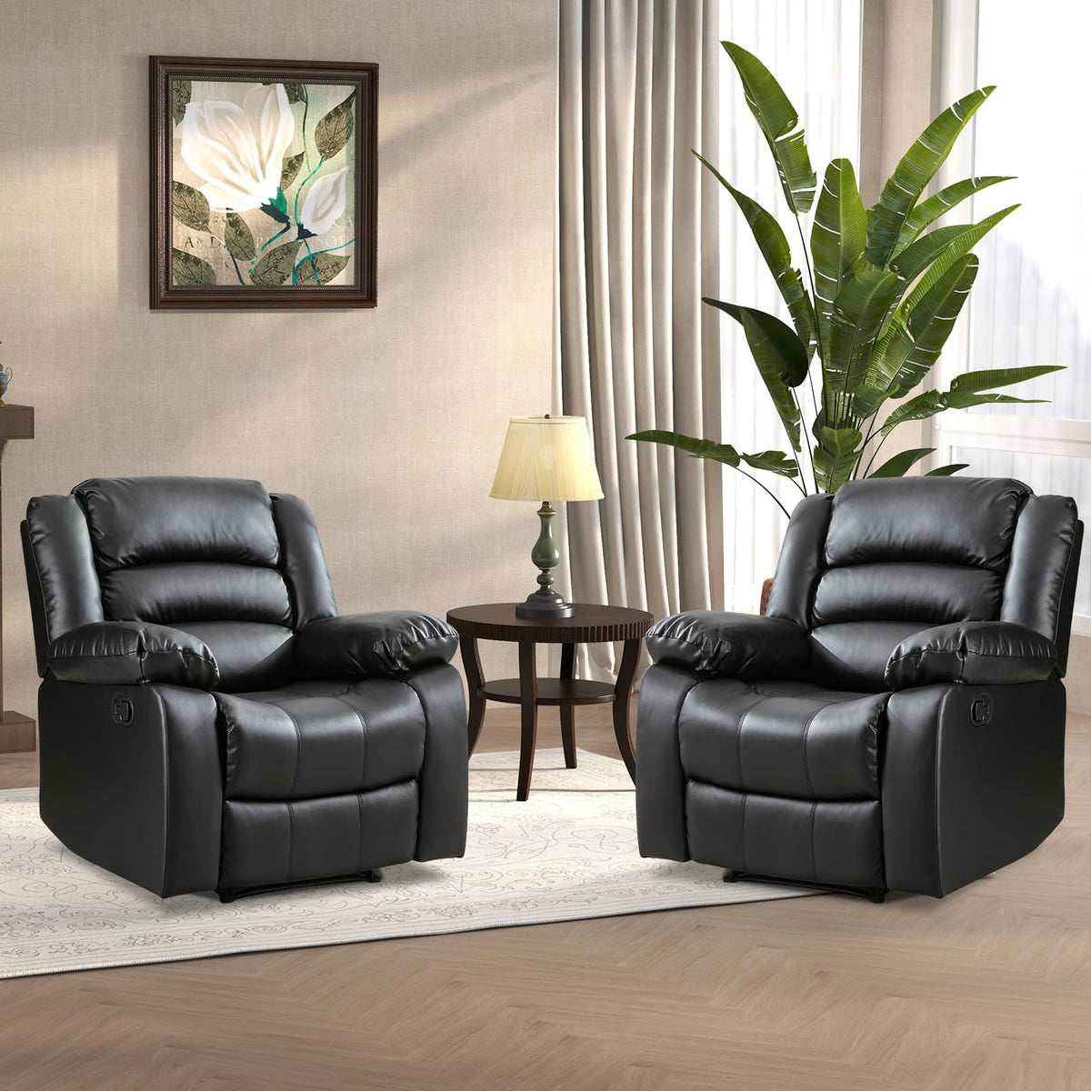 Anj Black Recliner Chair Set Of 2, With Overstuffed Arm And Back, Breathable Faux Leather Manual Reclining Chairs, Living Room S