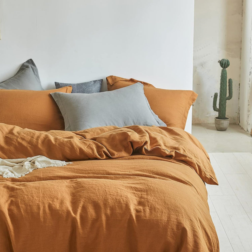 Simple&Opulence 100% Linen Duvet Cover Set, 3 Pcs Pure Natural French Flax Rust Duvet Cover King Size, Breathable Soft Comfy Lin