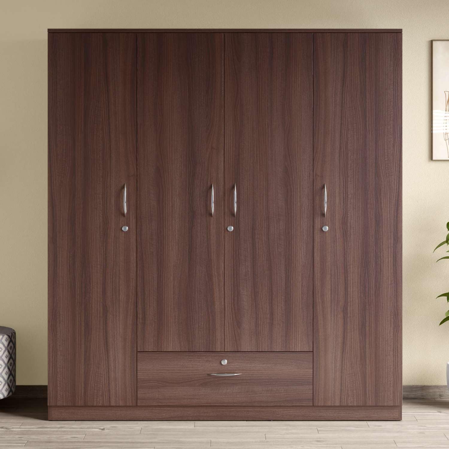 Godrej Interio Wardrobe Ewa 4Door Engineered Wood Wardrobe For Clothes (Brown), 1Year Warranty, 8 Shelves, 1 Drawer