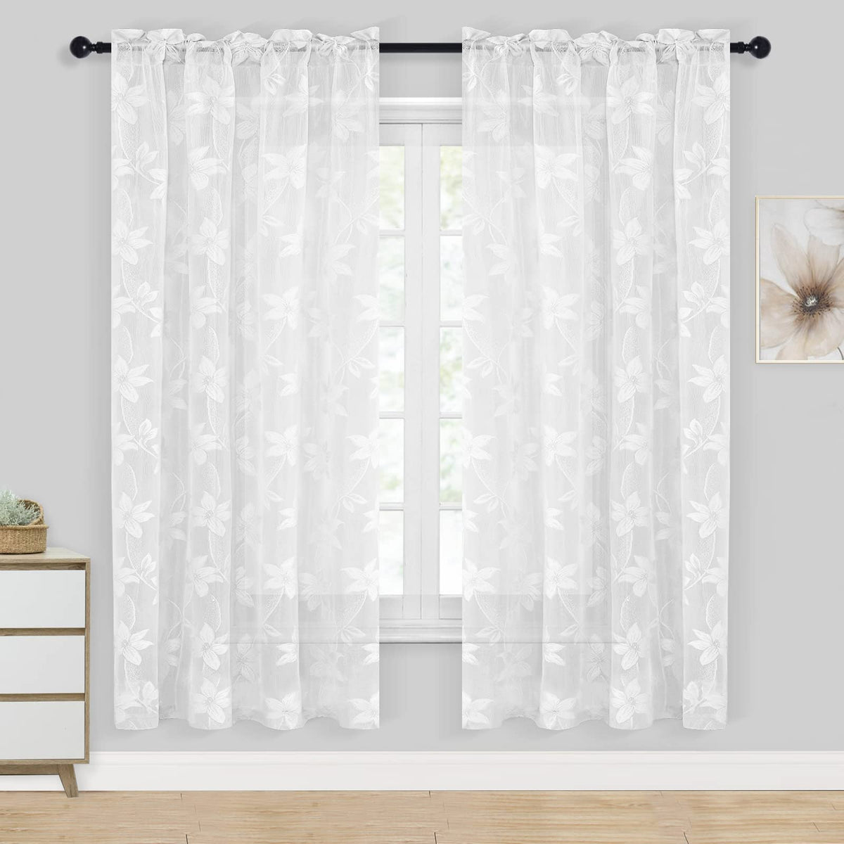 Dwcn White Sheer Curtains - Floral Lace Design Rod Pocket Window Voile Sheer Drapes For Girls Bedroom Kitchen Window 42 X 72 Inc