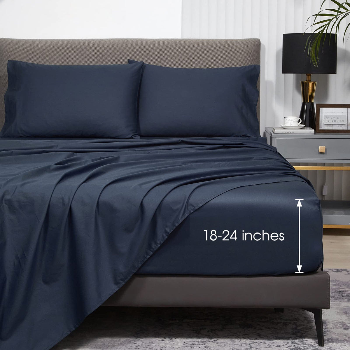 Hyprest Extra Deep Pocket Queen Sheet Sets Fits 18'-24' In Thick Mattress -100% Cotton Queen Sheet Set,Navy Blue Sheets Soft W