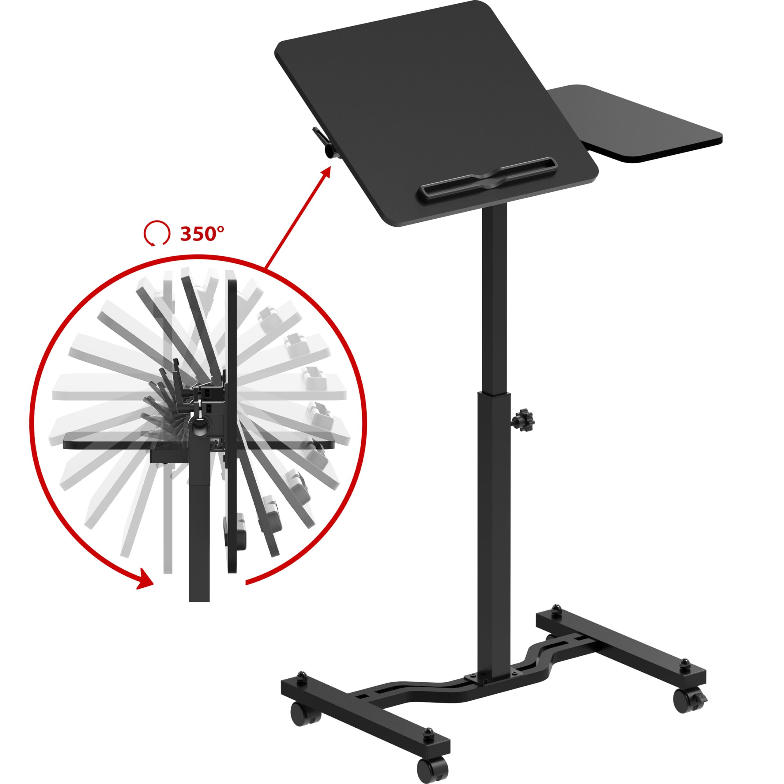 Shw Tim Rolling Adjustable Laptop Cart With Tilting Desktop And Side Shelf, Black