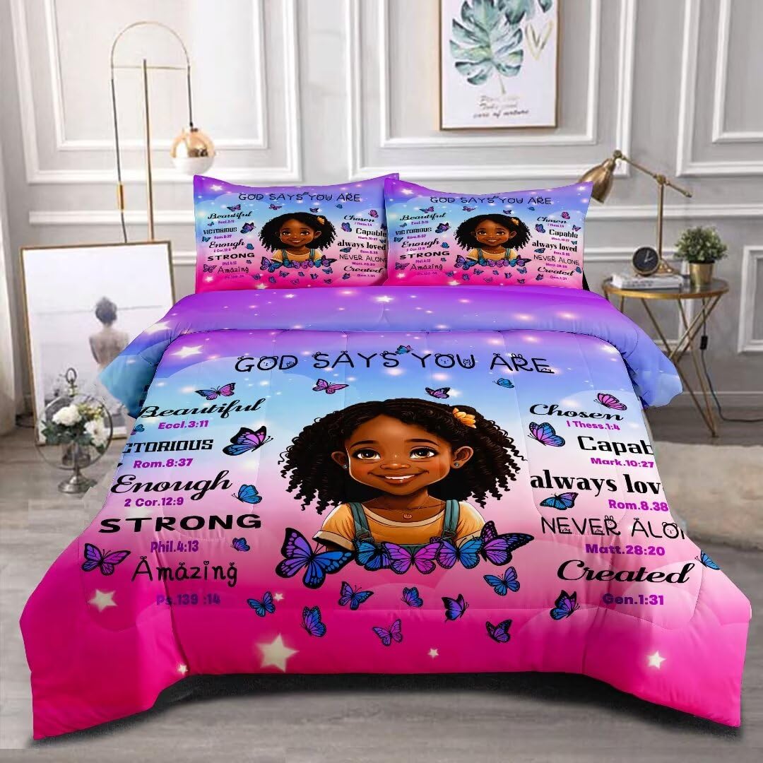 Grat Tioc Black Girl Comforter Set, Full For Kids Teens, 3Pieces - 1 Comforter, 2 Pillow Shams, Premium Microfiber, Medium Weigh