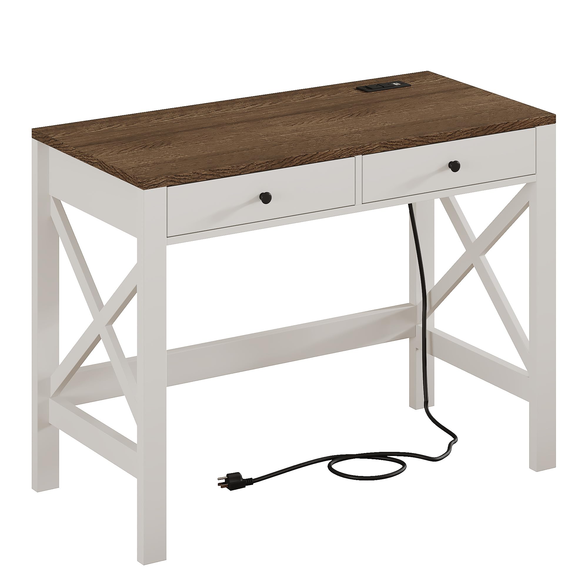 ChooChoo Farmhouse Desk with USB Charging Ports and Power Outlets, 39 Computer Desk with Drawers, Small Study Writing Table with
