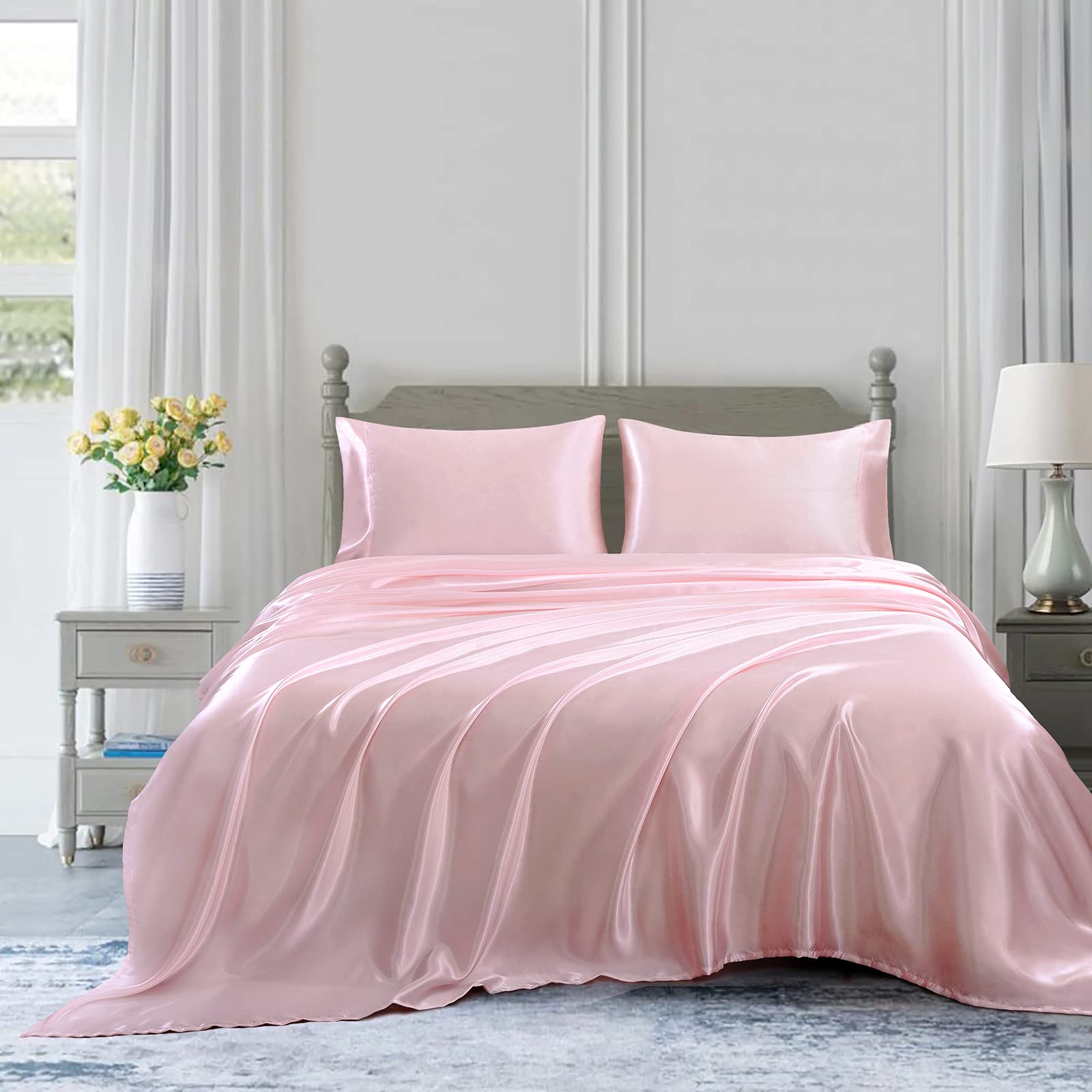 Homiest 3Pcs Satin Sheets Set Luxury Silky Satin Bedding Set With Deep Pocket, 1 Fitted Sheet + 1 Flat Sheet + 1 Pillowcase (Twin Size, Blush Pink)