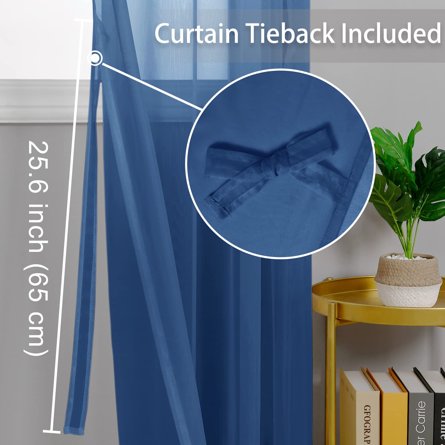 Hiasan Sheer Curtains 90 Inches Long With Tiebacks, Light Filtering Semi Transparent Lightweight Voile Grommet Window Curtains For Bedroom, Living Room, Navy Blue, W42 X L90, Set Of 2 Drape Panels