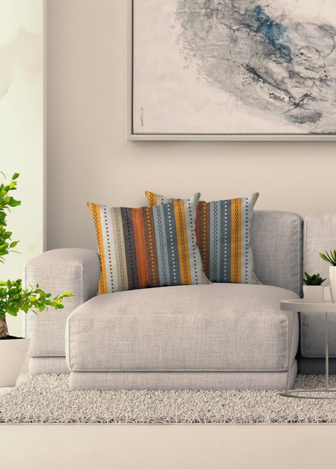 Knotting Home Cotton Salsa Stripe Cushion Cover Set Of 2 16X16 Inch Beige/Mustard Multicolour Large Square Throw Pillow Covers F