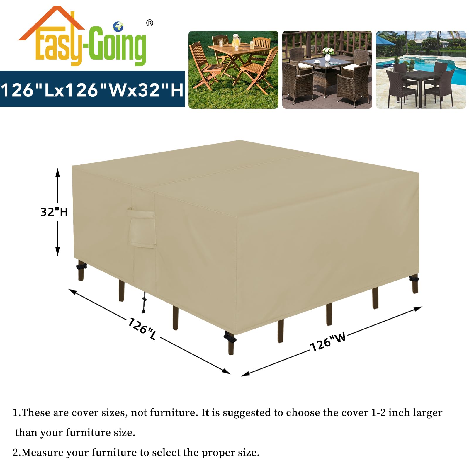 Easy-Going Square Patio Furniture Cover Waterproof Outdoor Dining Table And Chair Cover Anti-Uv Outside Sectional Sofa Set Covers (126'L X 126'W X 32'H, Camel)