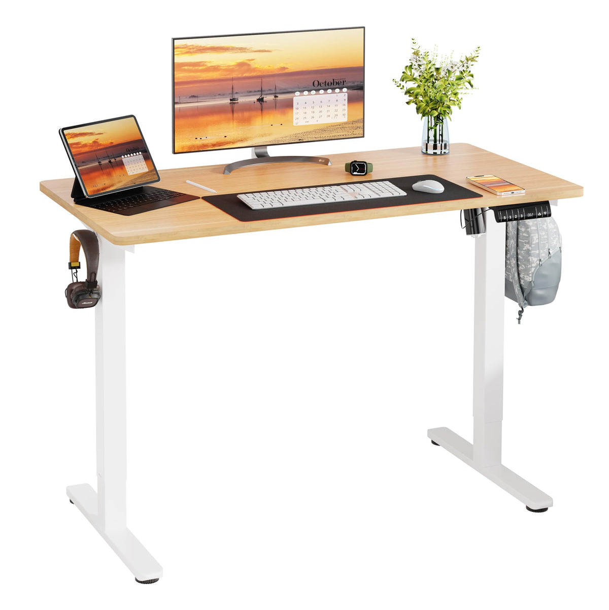 Meilocar Height Adjustable Electric Standing Desk, Sit Stand Computer Desk W/Memory Controller, Home Office Workstation Stand Up Desk With Splice Board, 48' X 24' Tabletop (Walnut Top + White Frame)