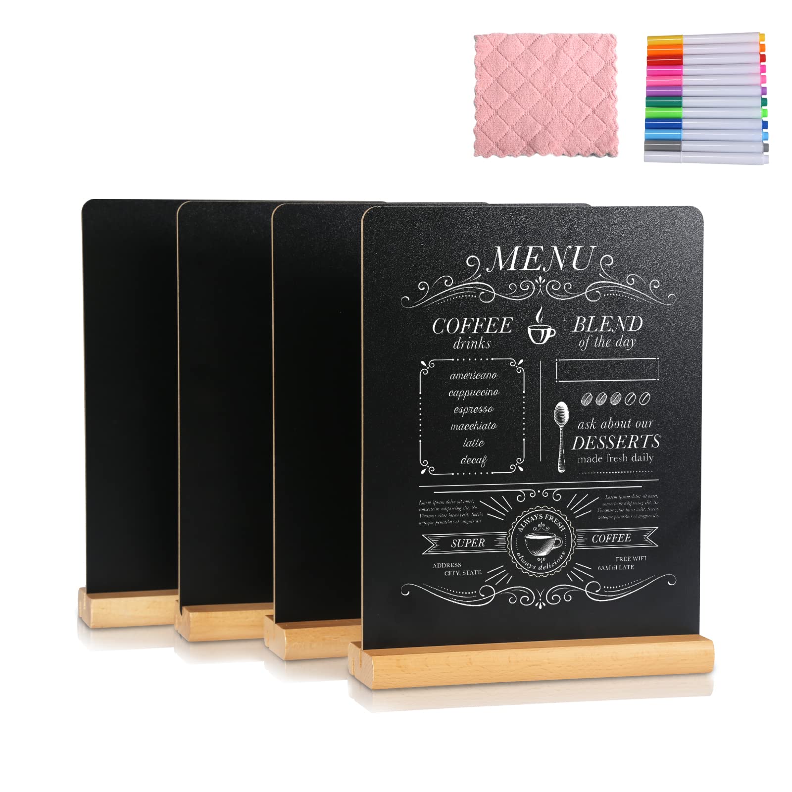 Sutine Chalkboard Signs, 4Pack 8.6 X11 Inch Tabletop Chalk Board Sign With Beech Stand, Double-Sided Small Chalkboard Sign, Mess