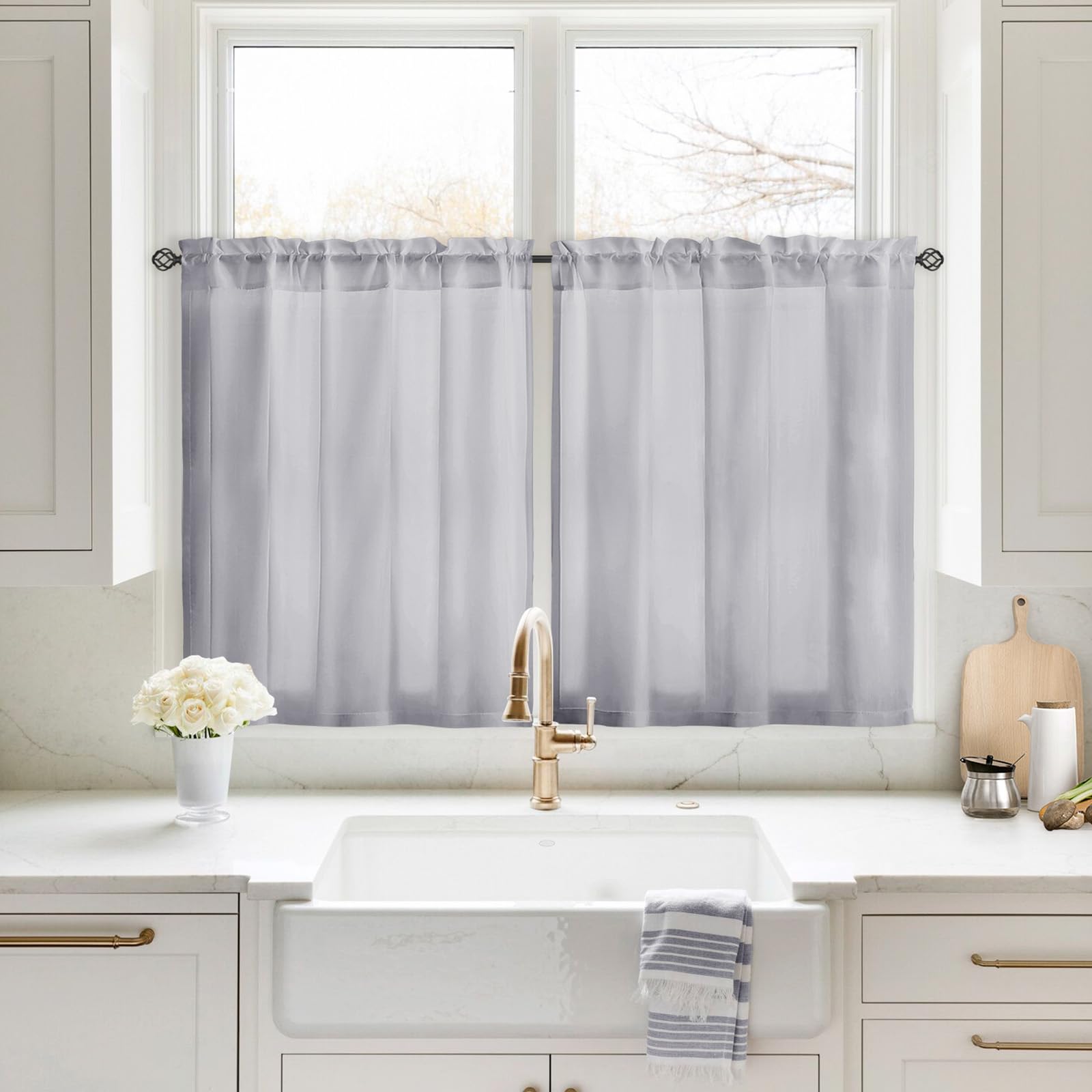 Homeideas Non-See-Through Light Grey Privacy Sheer Kitchen Curtains 30 X 36 Inches Long 2 Panels Sheer Curtains Light Filtering Bathroom Window Curtains Drapes For Bedroom Living Room